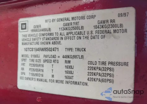 1998 GMC Sonoma Sls из США, поврежденный, VIN 1GTCS1949W8502471